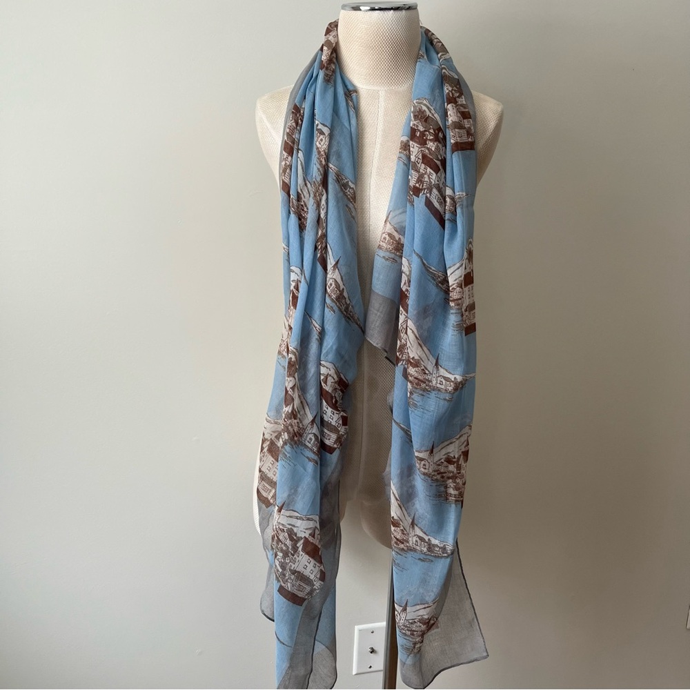 Light Blue & Brown Scenic Print Women's Scarf by - Picture 2 of 6